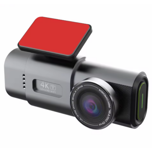 Car dash camera with a red square cover on a white background