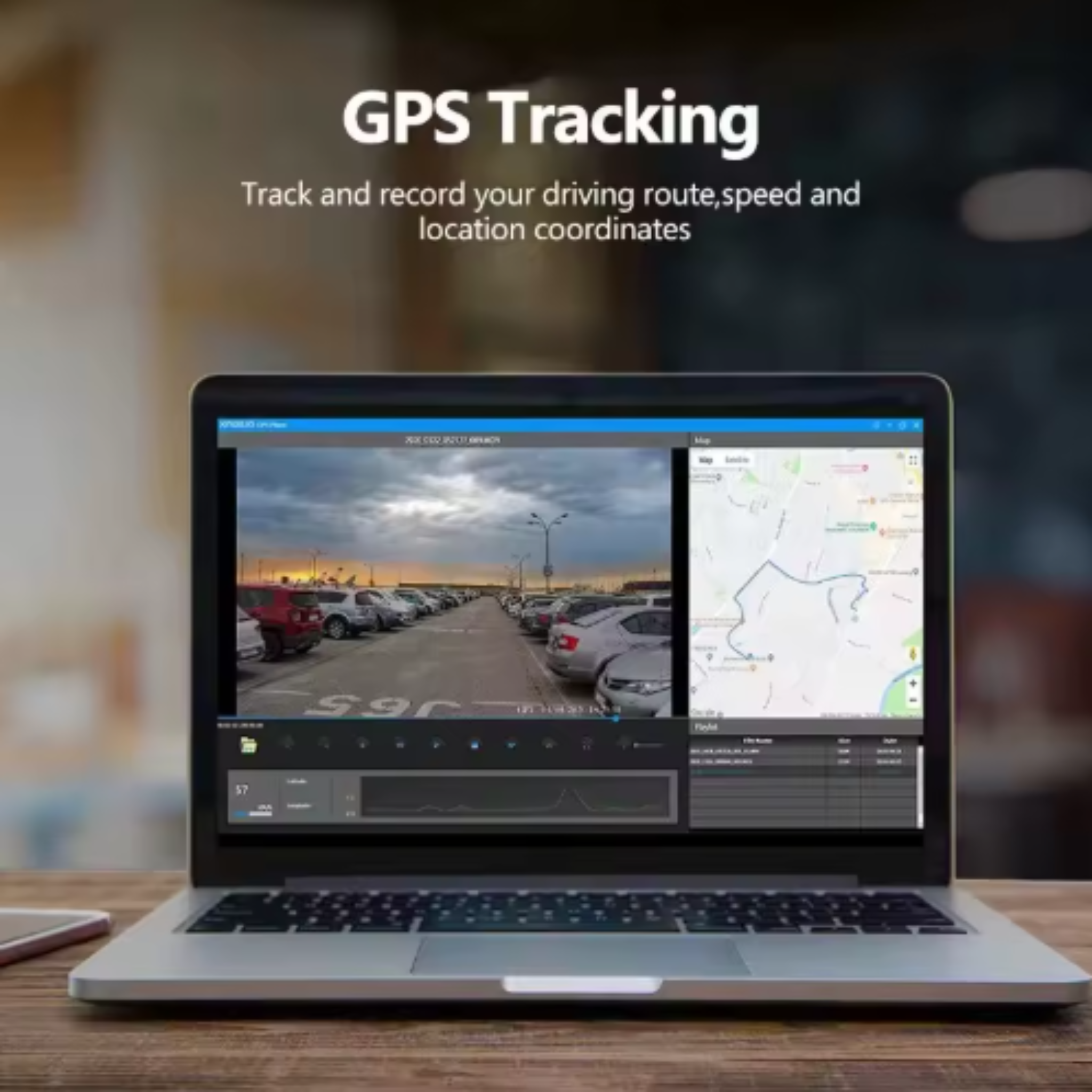 Laptop displaying GPS tracking software for the dash camera on a blurred background