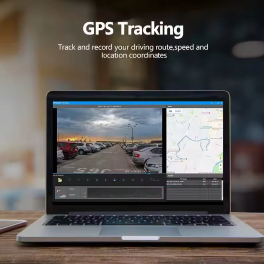 Laptop displaying GPS tracking software for the dash camera on a blurred background