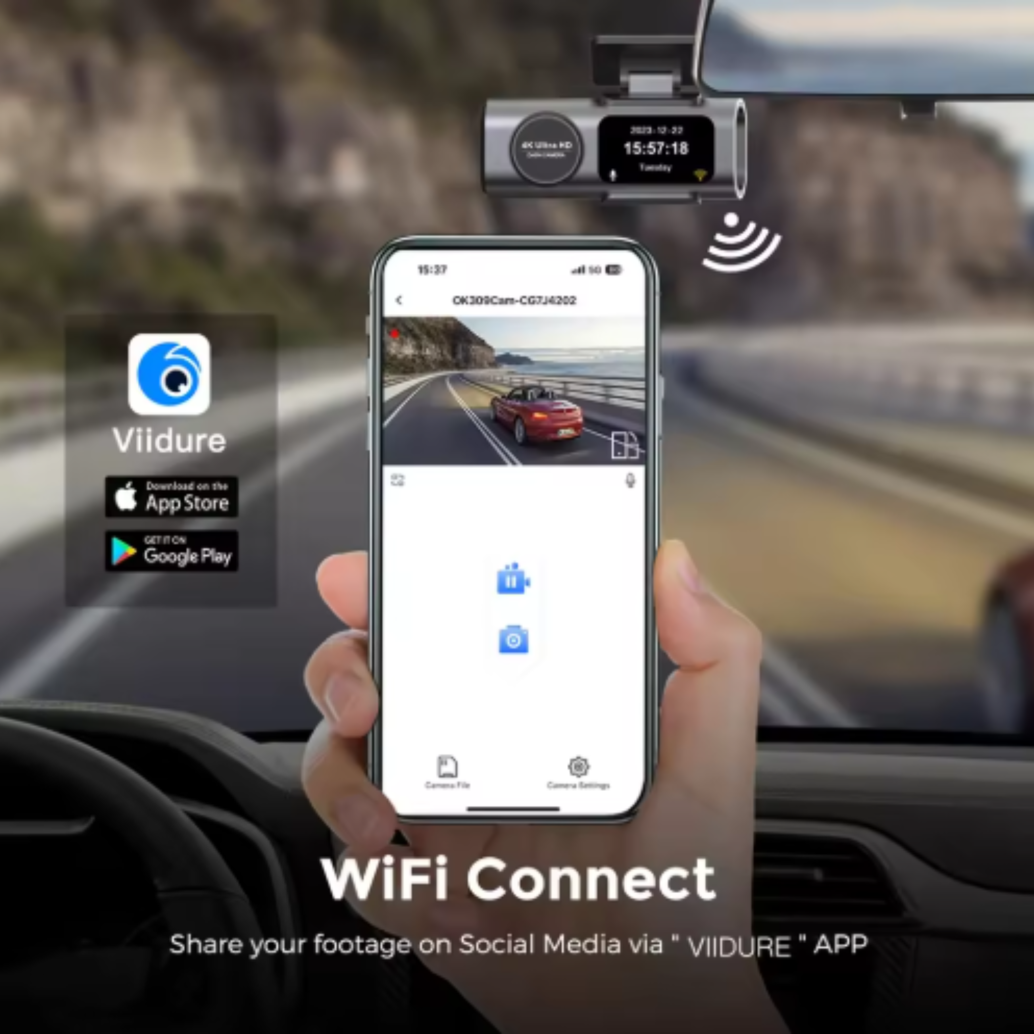 Hand holding a smartphone with a car dash camera app displayed, showing a car on a road.