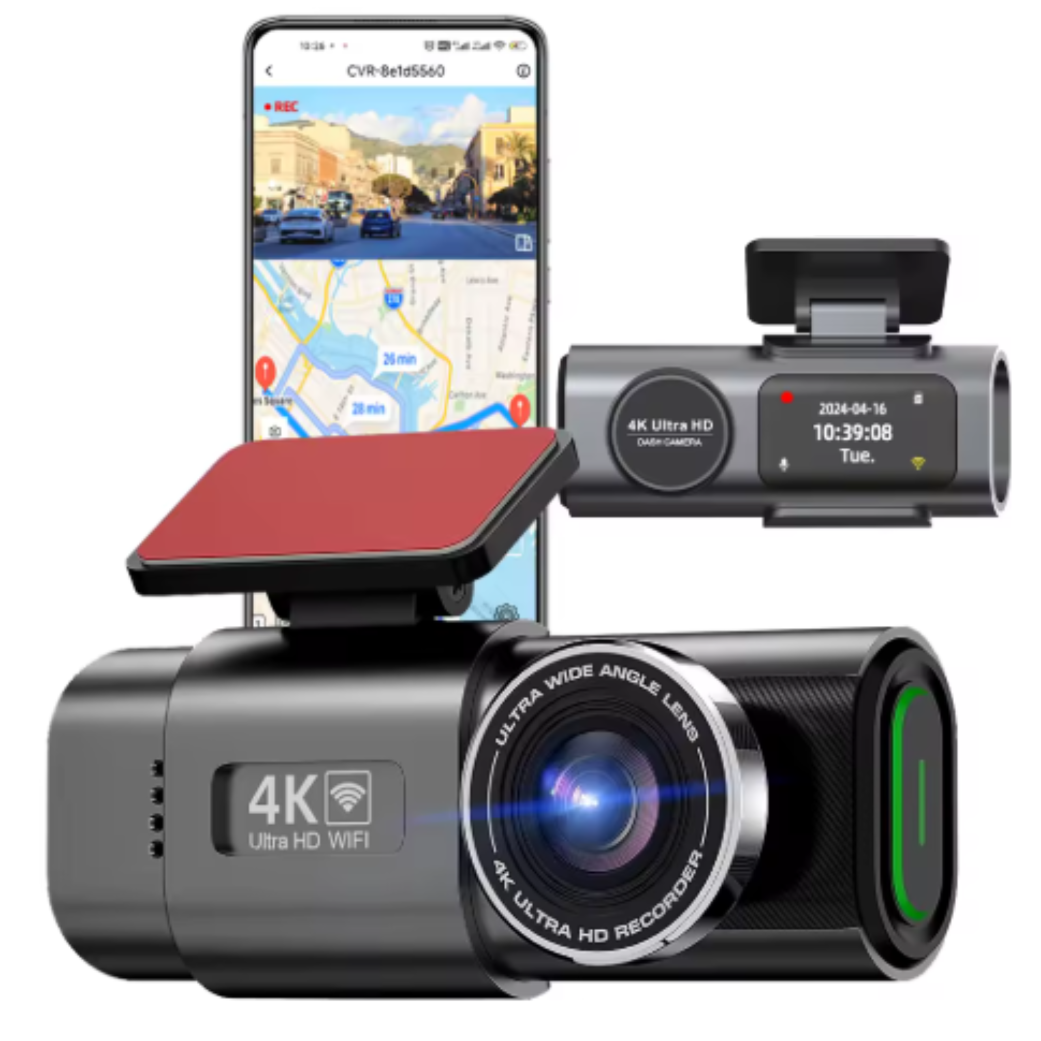 Car dash cam with smartphone displaying the dash cam app in use on a white background