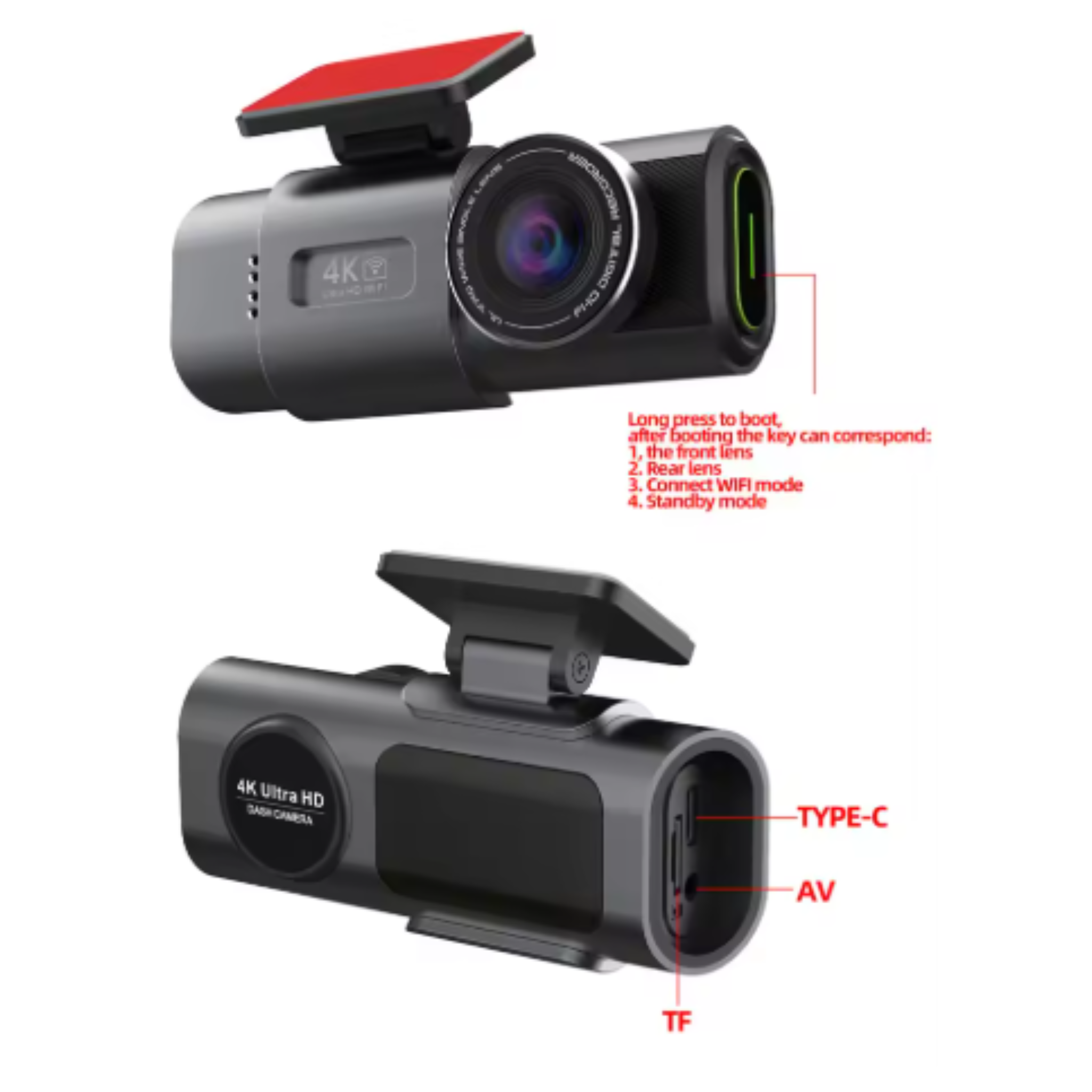 Car dash camera with labeled ports on a white background