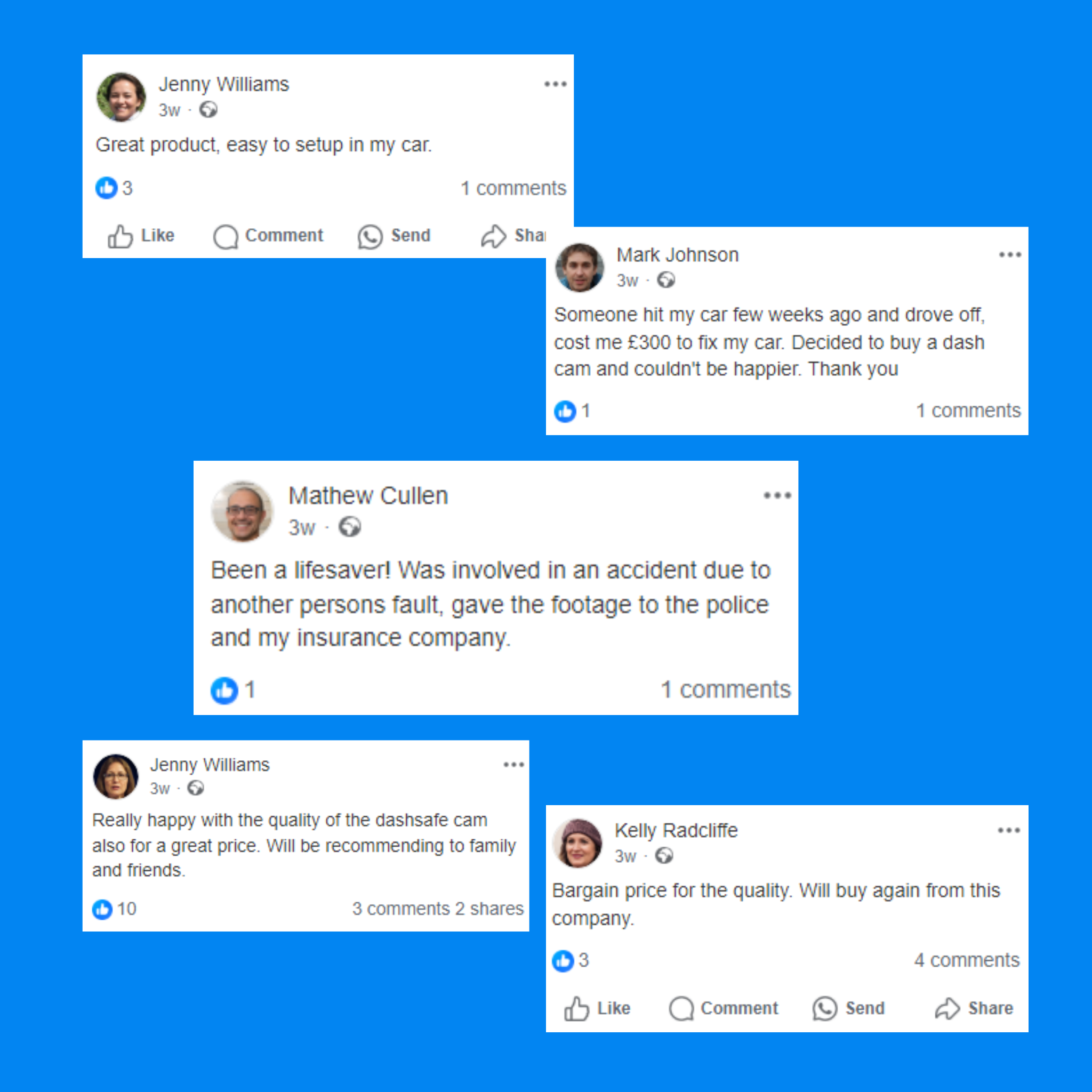 Social media review comments of our dash cam on a blue background
